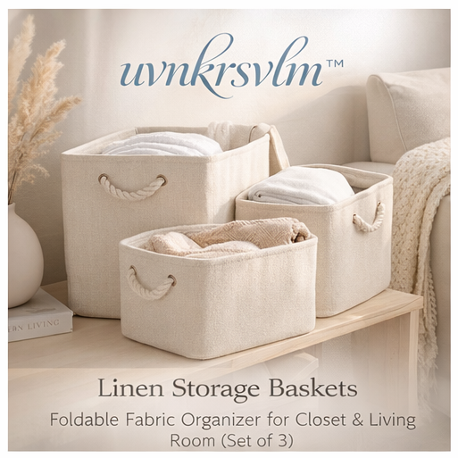 uvnkrsvlm™ Linen Storage Baskets – Foldable Fabric Organizer for Closet & Living Room (Set of 3)