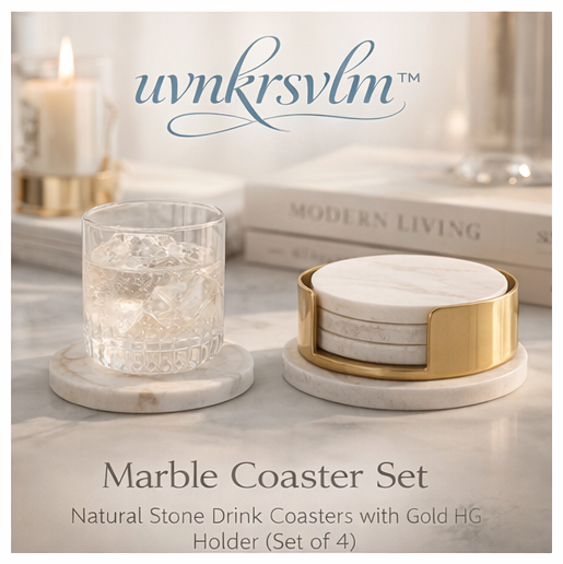 uvnkrsvlm™ Marble Coaster Set – Natural Stone Drink Coasters with Gold Holder (Set of 4)